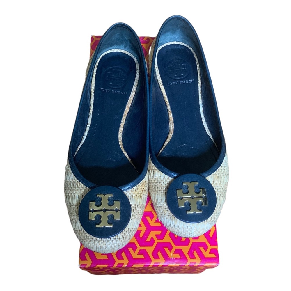 Tory Burch Straw and Navy Flats